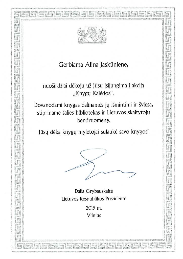 LR Prezidentės Dalios Grybauskaitės padėka bibliotekos direktorei Alina Jaskūnienei 